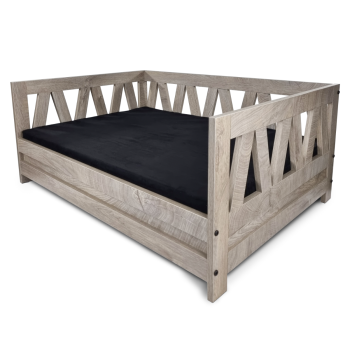 Holz-Hundebett - 90 x 64 x 38 cm - Verwittertes Grau - Inklusive Kissen