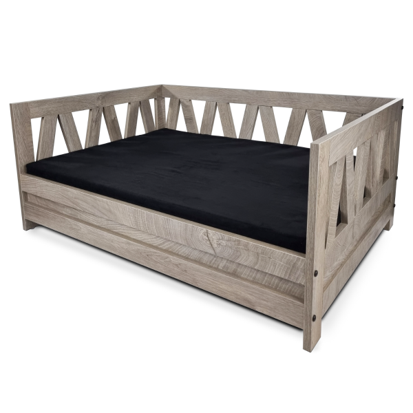 Holz-Hundebett - 90 x 64 x 38 cm - Verwittertes Grau - Inklusive Kissen